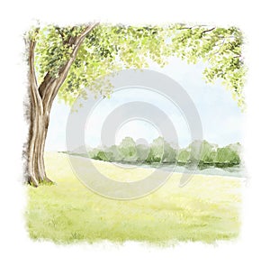 Watercolor cartoon composition with spring green landscape with trees, river and grass