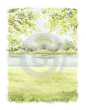 Watercolor cartoon composition with spring green landscape with trees, river and grass