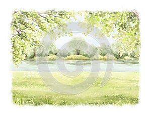 Watercolor cartoon composition with spring green landscape with trees, river and grass