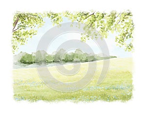 Watercolor cartoon composition with spring green landscape with trees, river and grass