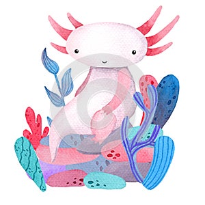 Watercolor cartoon cute posing Axolotl with waterplant