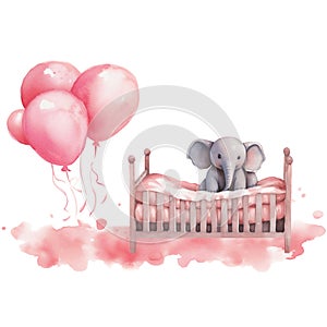 Watercolor cartoon drawing of a little elephant for children with a balloon