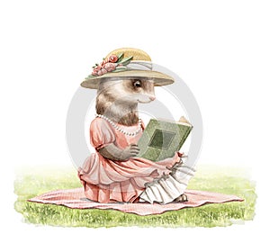 Watercolor cartoon ferret in vintage outfit reading a book