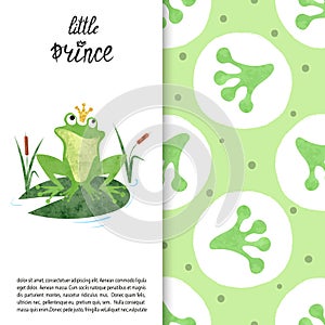Watercolor cartoon Frog prince on lily pad