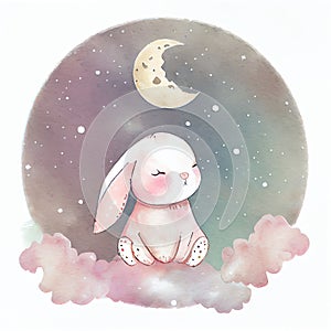 Watercolor cartoon of happy cute baby rabbit with moon and stars