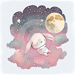 Watercolor cartoon of happy cute baby rabbit with moon and stars