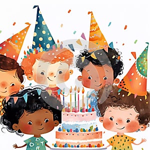 Watercolor cartoon happy kids with birthday cake on white background. Children birthday party clipart