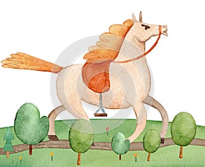 Watercolor cartoon horse. Kiddish illustration of the cartoon horse galloping across the field.