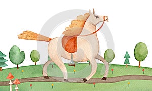 Watercolor cartoon horse. Kiddish illustration of the cartoon horse galloping across the field.