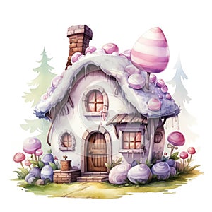 Watercolor cartoon illustration of a cute fairy tale house with a big windowrated with flowers and eggs