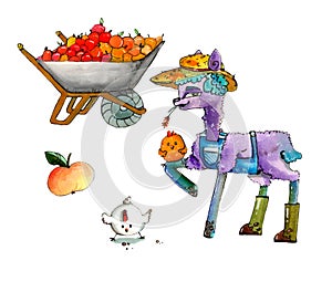 Watercolor cartoon illustration of cute farmer Llama