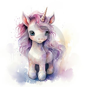 Watercolor cartoon illustration of cute unicorn on white background