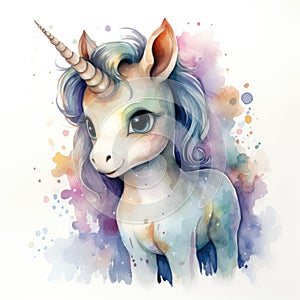 Watercolor cartoon illustration of cute unicorn on white background