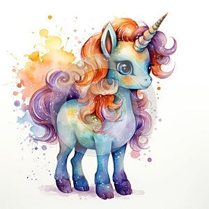 Watercolor cartoon illustration of cute unicorn on white background