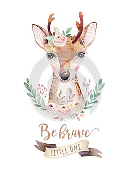 Watercolor cartoon isolated cute baby deer animal with flowers. Forest nursery woodland illustration. Bohemian boho photo