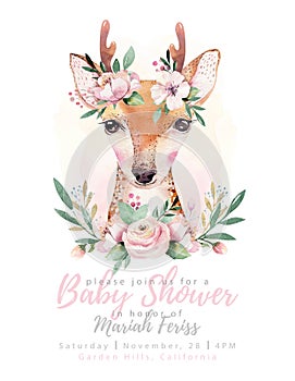 Watercolor cartoon isolated cute baby deer animal with flowers. Forest nursery woodland illustration. Bohemian boho