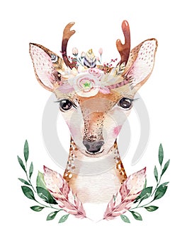 Watercolor cartoon isolated cute baby deer animal with flowers. Forest nursery woodland illustration. Bohemian boho