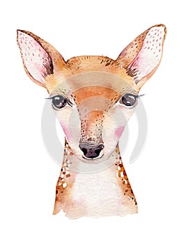 Watercolor cartoon isolated cute baby deer animal with flowers. Forest nursery woodland illustration. Bohemian boho