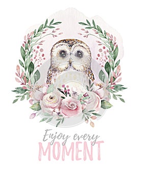 Watercolor cartoon isolated cute baby owl animal with flowers. Forest nursery woodland illustration. Bohemian boho