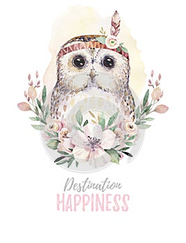 Watercolor cartoon isolated cute baby owl animal with flowers. Forest nursery woodland illustration. Bohemian boho photo