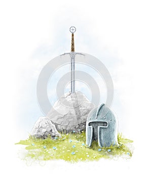 Watercolor cartoon King Arthur`s sword in stone and armor on the lawn