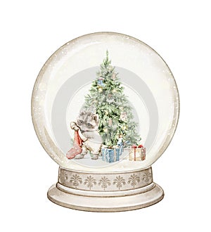Watercolor cartoon little raccoon look in Christmas sock, gift box and Christmas tree in snow globe