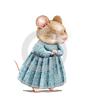 Watercolor cartoon mouse in dress closed eyes and blows