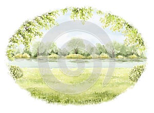 Watercolor cartoon oval composition with spring green landscape with trees, river and grass