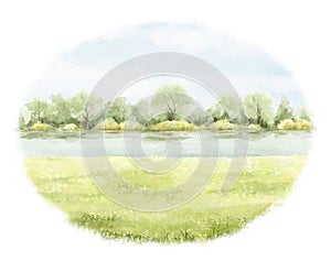 Watercolor cartoon oval composition with spring green landscape with trees, river and grass