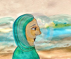 Watercolor Cartoon Painting of a Woman in Hijab