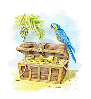 Watercolor cartoon parrot and open chest with pirate treasures on treasure Island