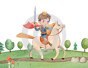 Watercolor cartoon prince rides a white horse. Kiddish illustration of the cartoon horse galloping across the field.