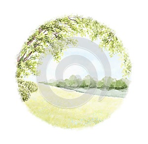 Watercolor cartoon round composition with spring green landscape with trees, river and grass