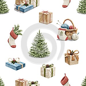 Watercolor cartoon seamless pattern with Christmas objects