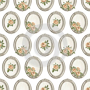 Watercolor cartoon seamless pattern with orange flowers roses in oval silver frames