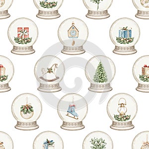 Watercolor cartoon seamless pattern with vintage Christmas decorations toys in snow globe