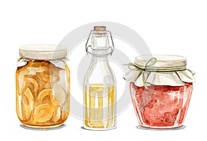 Watercolor cartoon set of glass jar with jams and lemonade drink