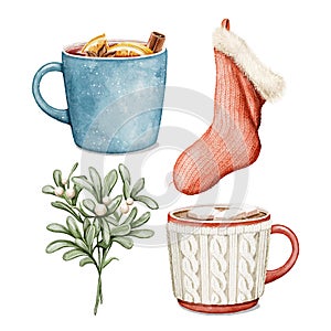 Watercolor cartoon set with mugs, mistletoe and Christmas sock