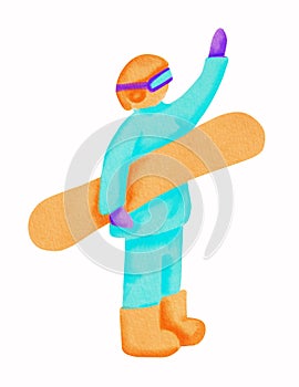 Watercolor cartoon snowboarder