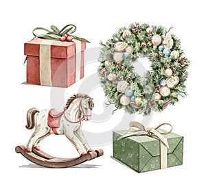 Watercolor cartoon two boxes of gift presents, Christmas wreath and rocking horse toy