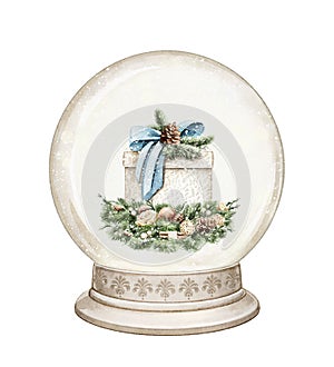 Watercolor cartoon vintage box with Christmas gift in snow globe