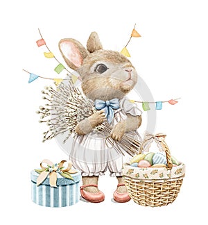 Watercolor cartoon vintage Easter rabbit with bouquet of willows