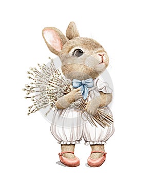 Watercolor cartoon vintage Easter rabbit with bouquet with willows