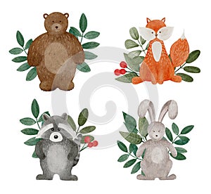 Watercolor cartoon woodland animals. Cute set of bunny, teddy, fox and raccoon with leaf