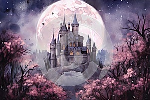 watercolor castle, snow covered, with pink flower tree and moon in the background