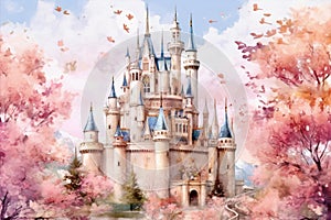 watercolor castle, snow covered, with pink flower tree and moon in the background