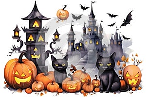 Watercolor castles, bats, cats and pumpkins for cute Halloween day celebration on isolated background, Generative AI