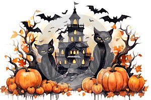 Watercolor castles, bats, cats and pumpkins for cute Halloween day celebration on isolated background, Generative AI