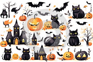 Watercolor castles, bats, cats and pumpkins for cute Halloween day celebration on isolated background, Generative AI