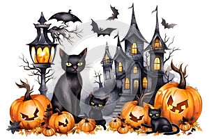 Watercolor castles, bats, cats and pumpkins for cute Halloween day celebration on isolated background, Generative AI